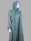 Dusty Teal floral print abaya with matching hijab, front view — BelleNoor