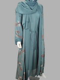 Dusty Teal floral print abaya, hijab and shoulder detail — BelleNoor