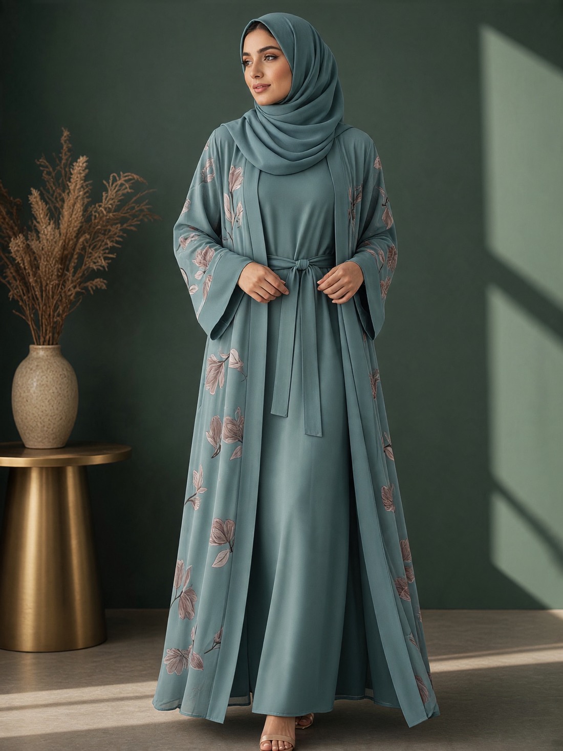 Dusty Teal floral print abaya with matching hijab — BelleNoor