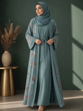 Dusty Teal floral print abaya with matching hijab — BelleNoor