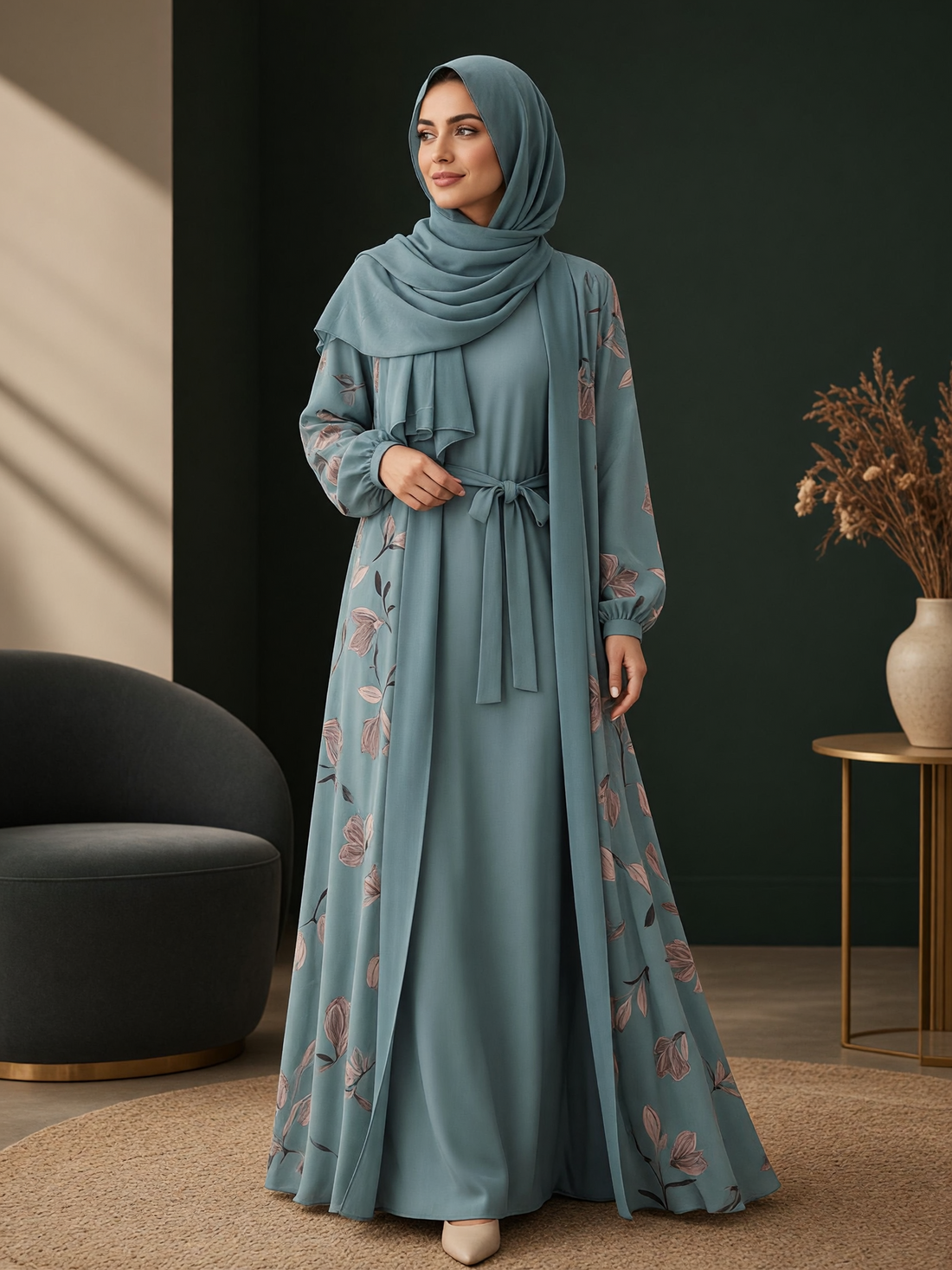 Bellenoor dusty teal floral print abaya with matching hijab, featuring an open front, waist tie, and wide sleeves.
