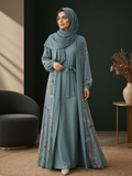 Bellenoor dusty teal floral print abaya with matching hijab, featuring an open front, waist tie, and wide sleeves.