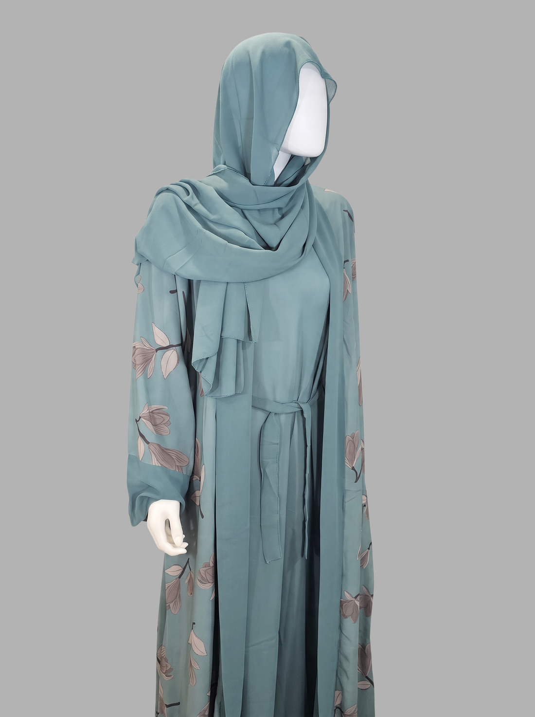 Dusty Teal floral print abaya with matching hijab — BelleNoor
