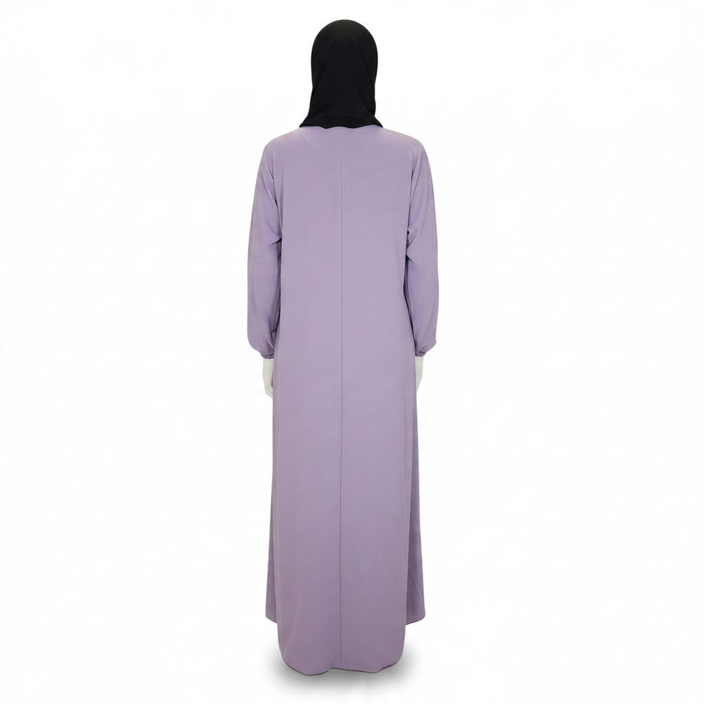 Back view of a BelleNoor lavender abaya with elasticated sleeves and a matching black chiffon hijab on a mannequin