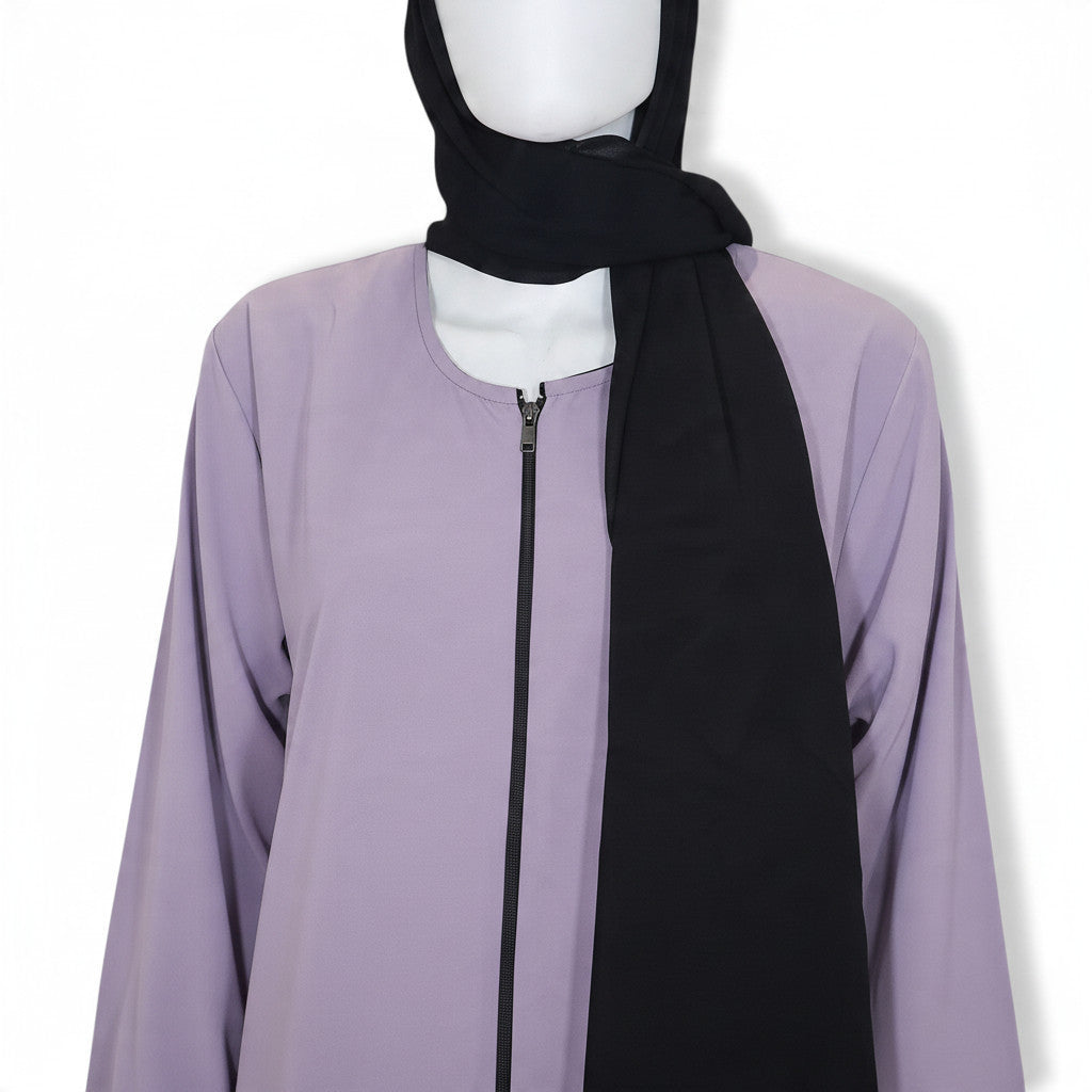 BelleNoor lavender abaya with front zipper and matching black chiffon hijab on a mannequin