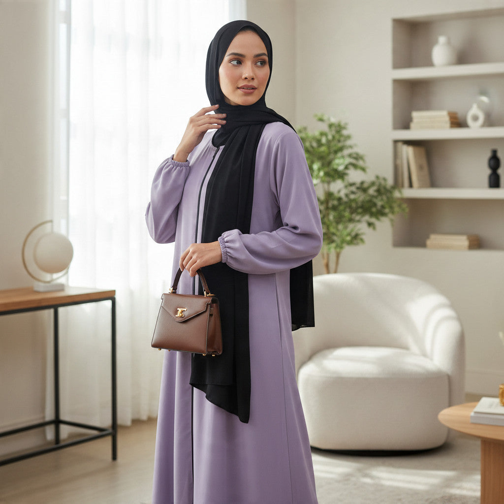 BelleNoor lavender abaya with front zipper and elastic cuffs, styled with a black chiffon hijab and brown handbag