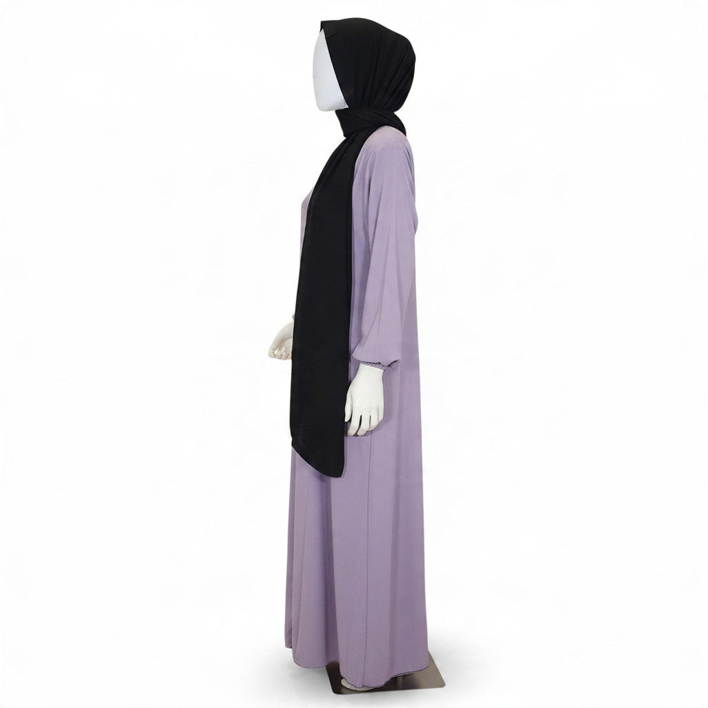 BelleNoor lavender abaya with front zipper and elasticated cuffs, paired with a black chiffon hijab on a mannequin