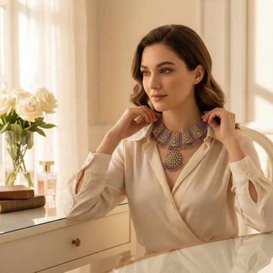 A woman wearing a BelleNoor lavender crystal choker with antique gold detailing and a statement pendant.
