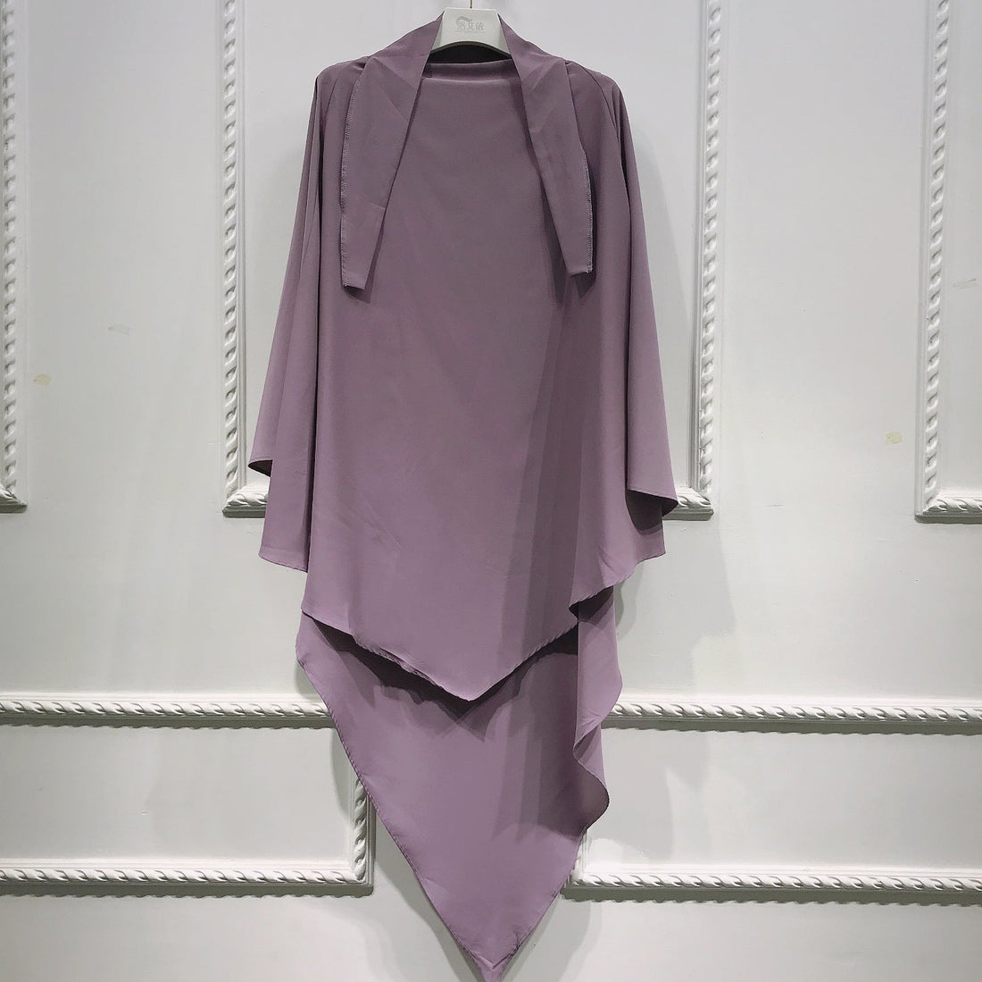 BelleNoor lavender wrinkle-resistant polyester khimar with a tie-back design for modest everyday wear.
