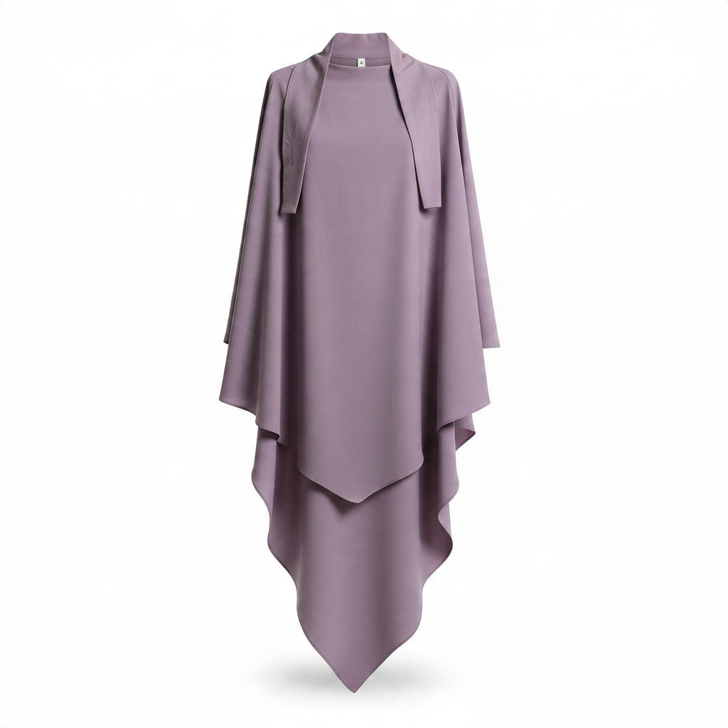 BelleNoor lavender long khimar in wrinkle-resistant polyester with a tie-back design for modest everyday wear.
