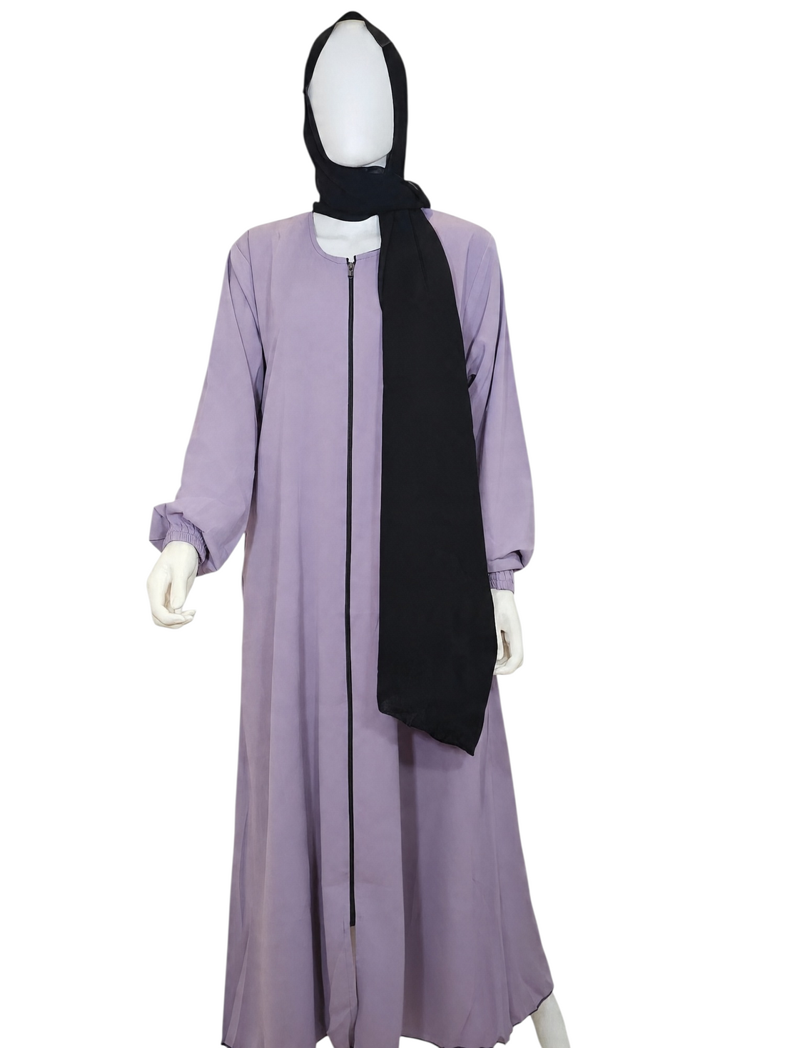 BelleNoor lavender abaya with front zipper and elasticated cuffs, paired with a black chiffon hijab on a mannequin