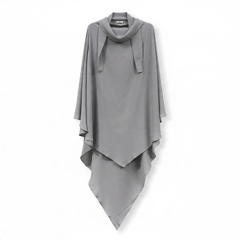BelleNoor light grey long khimar with tie-back design, featuring a soft, flowing fabric for elegant modest wear.