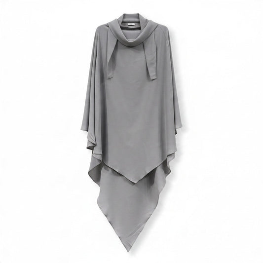 BelleNoor light grey long khimar with tie-back design, featuring a soft, flowing fabric for elegant modest wear.
