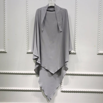 BelleNoor light grey long khimar with tie-back design, featuring a soft, elegant drape for modest coverage.