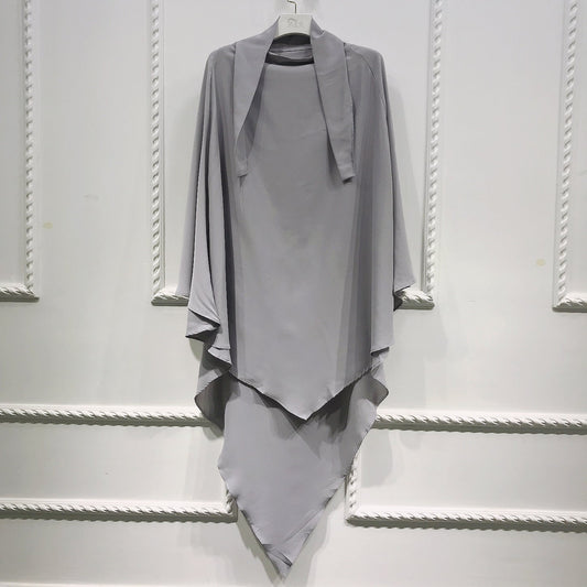 BelleNoor light grey long khimar with tie-back design, featuring a soft, elegant drape for modest coverage.