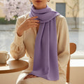 BelleNoor light purple crepe chiffon hijab with a textured finish draped elegantly over a beige blouse
