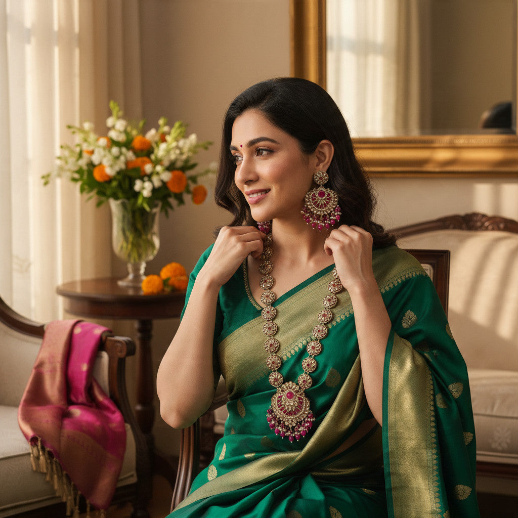 Woman wearing a BelleNoor long Kundan necklace set with pink Meenakari work and matching earrings with a green saree.