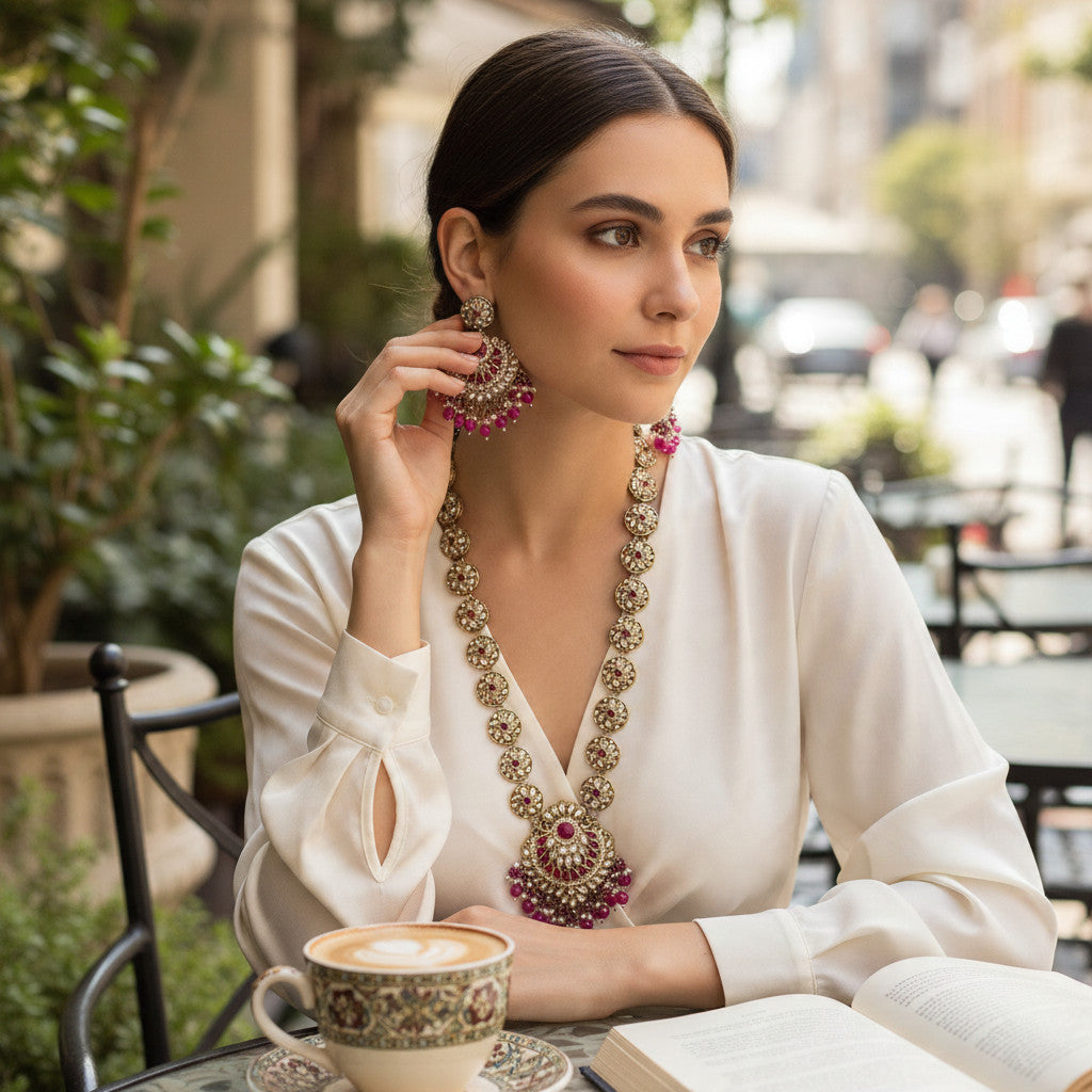 BelleNoor long Kundan necklace set with pink Meenakari detailing and matching earrings worn by a woman at a cafe