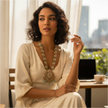 BelleNoor long Kundan necklace set with Meenakari leaf details, pearl clusters, and matching earrings on a woman.