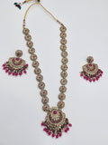 BelleNoor long Kundan necklace set featuring pink Meenakari work, intricate gold-tone metal, and beaded drop accents.