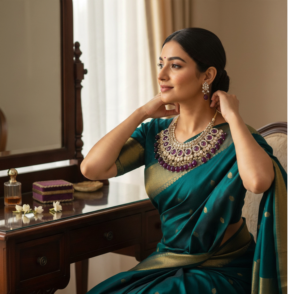 BelleNoor royal purple Kundan necklace set with chandelier earrings and maang tikka worn by a woman in a green saree