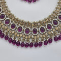 BelleNoor royal purple Kundan necklace with gold accents, white stones, and hanging purple beads for bridal wear.