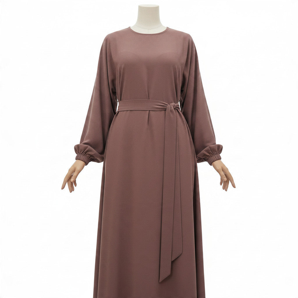 BelleNoor purple Nida abaya with long sleeves and a matching tie waist belt on a mannequin