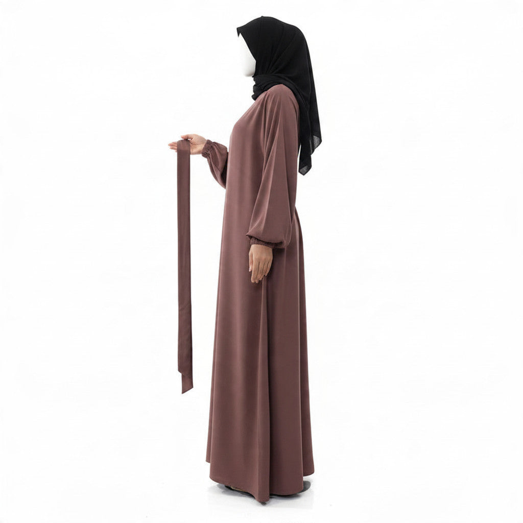 BelleNoor purple Nida abaya with long sleeves and a matching tie belt, worn by a mannequin with a black hijab.