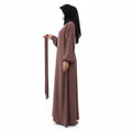 BelleNoor purple Nida abaya with long sleeves and a matching tie belt, worn by a mannequin with a black hijab.