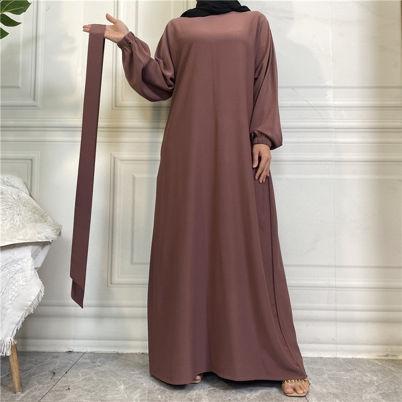 BelleNoor purple Nida fabric abaya with long sleeves and matching tie belt for a modest and elegant look