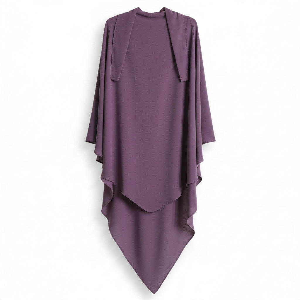 BelleNoor purple polyester khimar with a long draped design and tie-back closure for modest fashion.