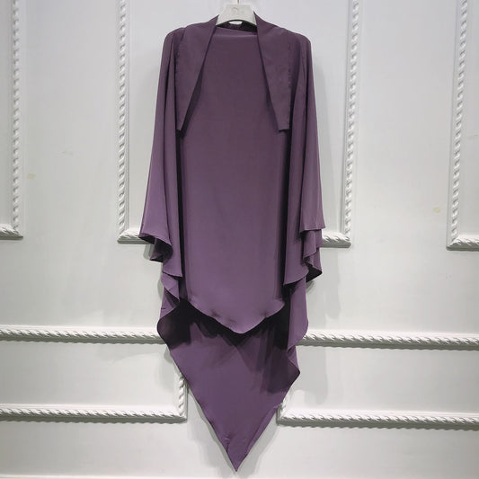 BelleNoor purple polyester khimar with a long draped design and tie-back closure for modest fashion.