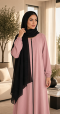 BelleNoor rose pink abaya with front zipper and black chiffon hijab