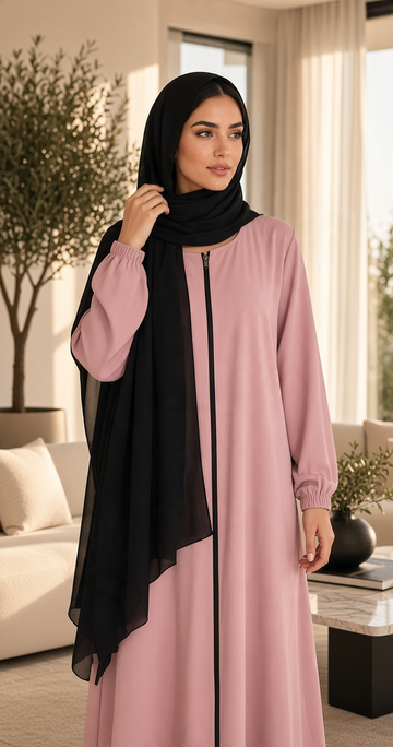 BelleNoor rose pink abaya with front zipper and black chiffon hijab