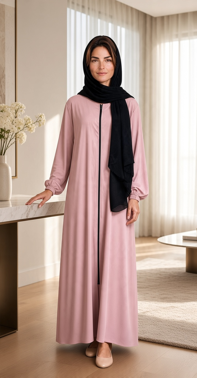 BelleNoor rose pink abaya with front zipper and black chiffon hijab