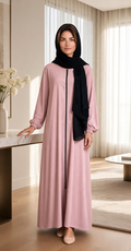 BelleNoor rose pink abaya with front zipper and black chiffon hijab