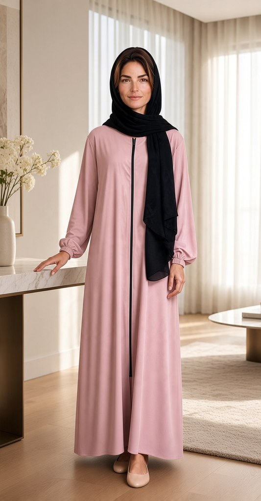 BelleNoor rose pink abaya with front zipper and black chiffon hijab