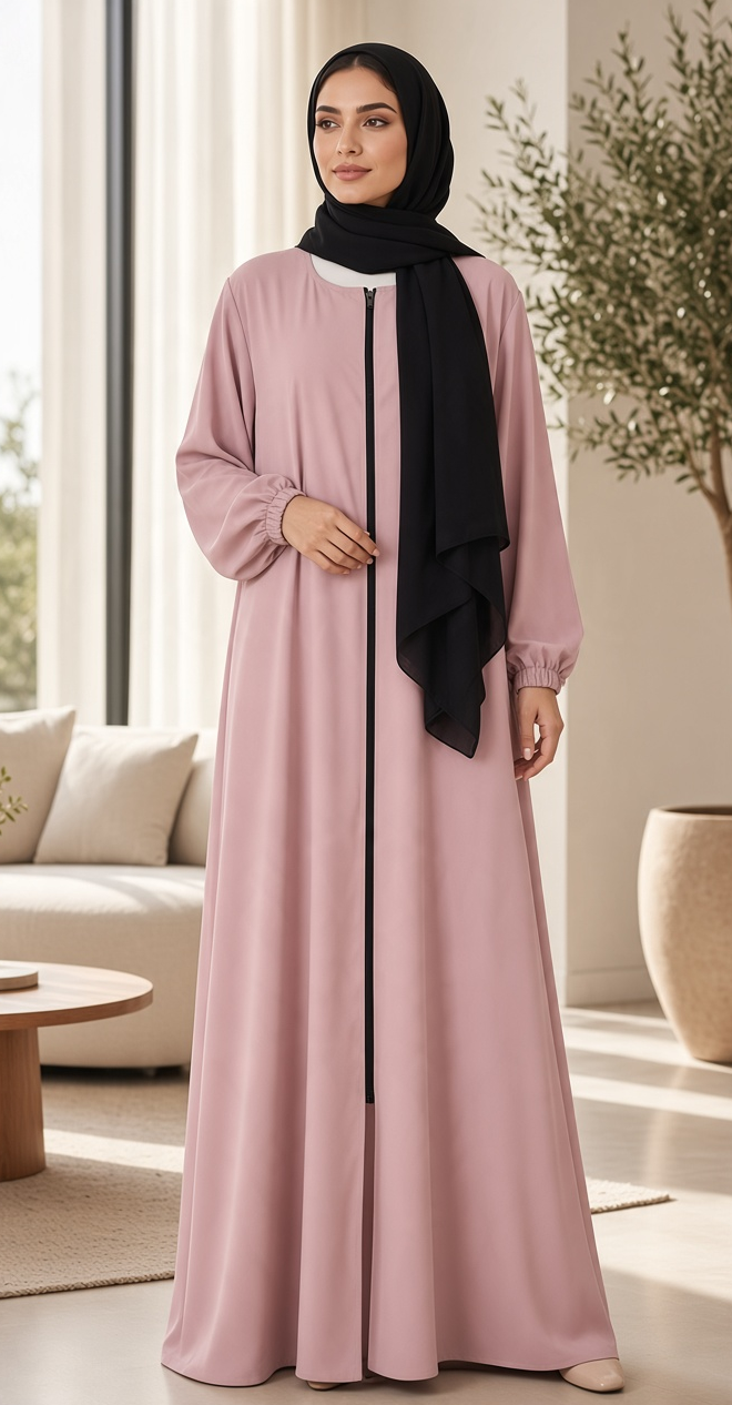 BelleNoor rose pink abaya with front zipper and black chiffon hijab