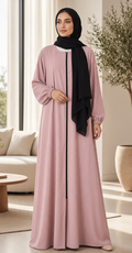 BelleNoor rose pink abaya with front zipper and black chiffon hijab