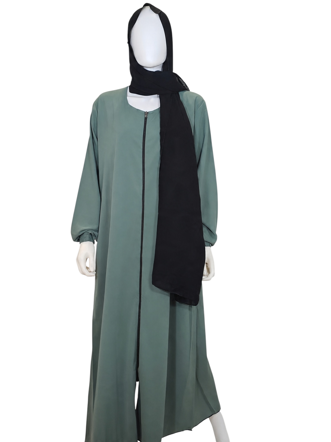 BelleNoor sage green abaya with front zipper and black chiffon hijab