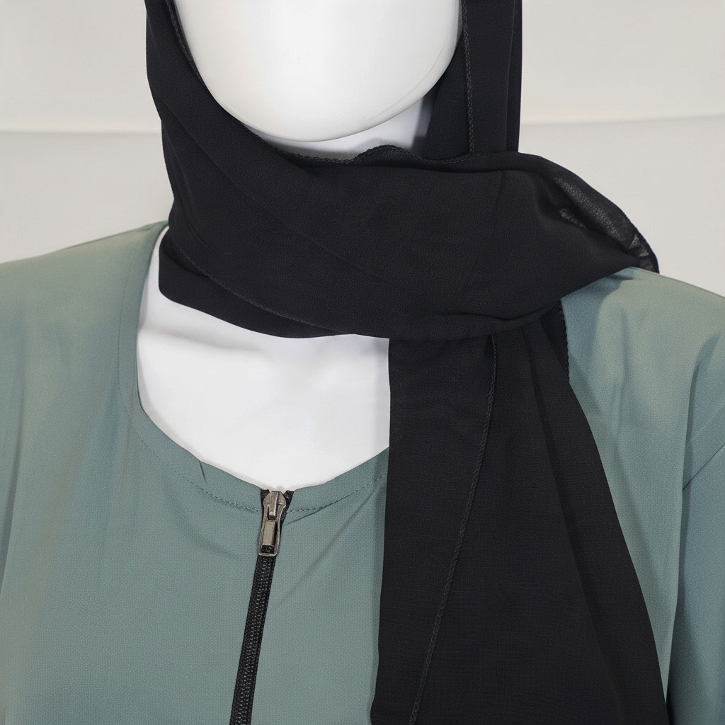 BelleNoor sage green abaya with front zipper and black chiffon hijab