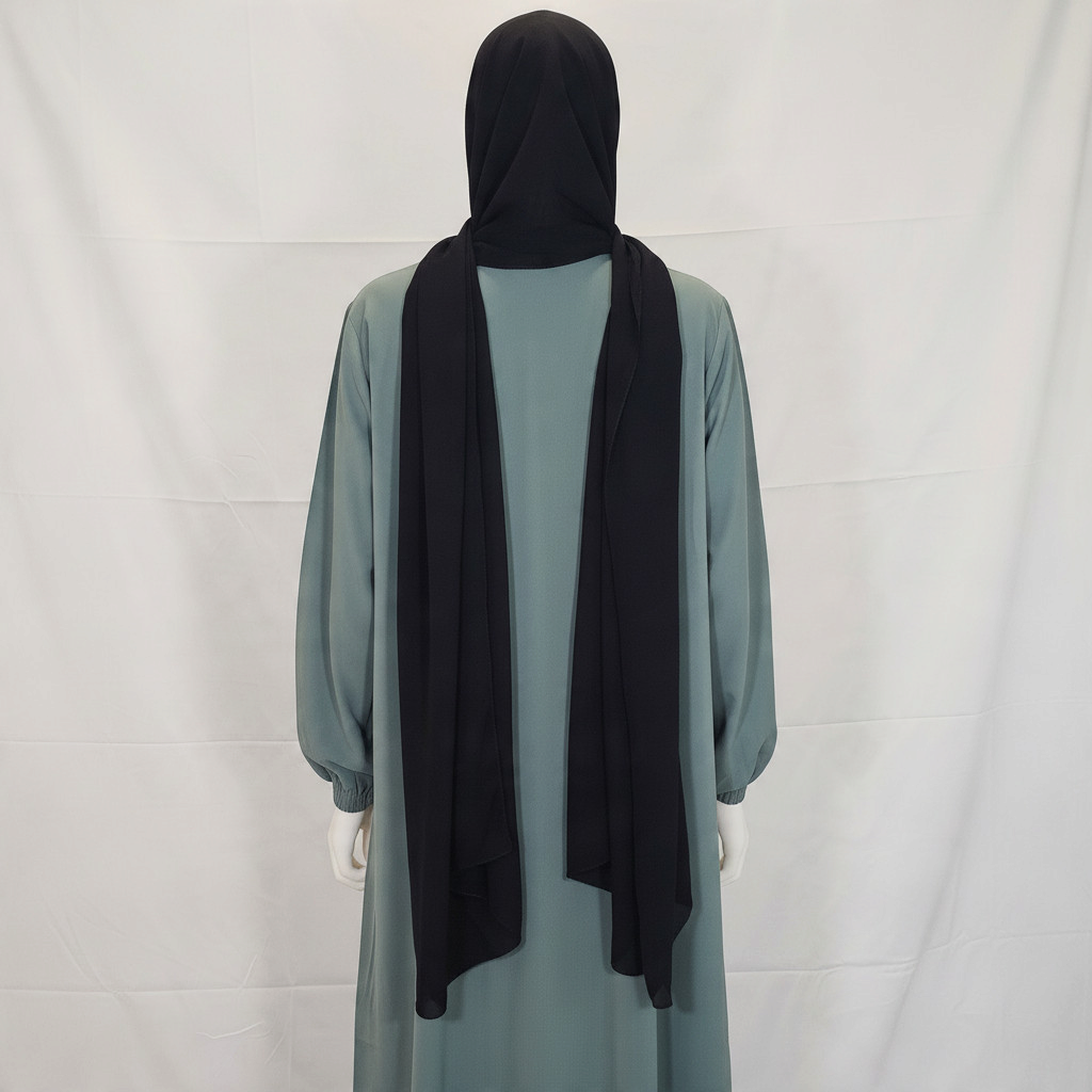BelleNoor sage green abaya with front zipper and black chiffon hijab