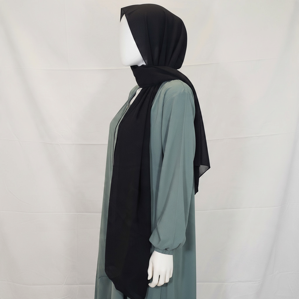 BelleNoor sage green abaya with front zipper and black chiffon hijab