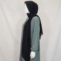 BelleNoor sage green abaya with front zipper and black chiffon hijab