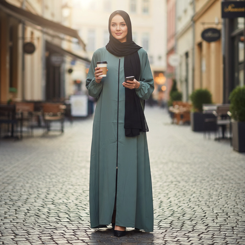 BelleNoor sage green front-zip abaya with black hijab worn by a woman holding a coffee cup on a city street