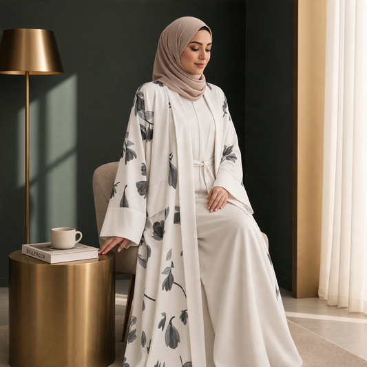 BelleNoor white abaya with black and grey floral print, wide sleeves, and matching hijab worn by a seated woman.