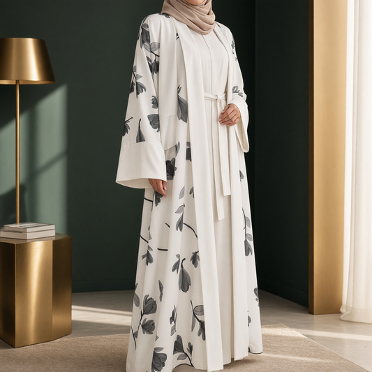BelleNoor white abaya featuring a black and grey floral branch print, wide sleeves, and a matching waist tie and hijab.