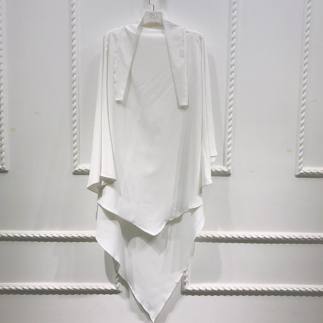 BelleNoor white long khimar in wrinkle-free Nida polyester fabric with a tie-back design for modest wear.