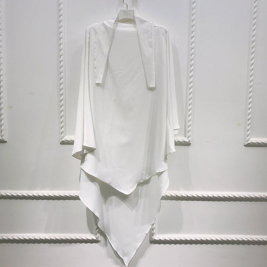 BelleNoor white long khimar in wrinkle-free Nida polyester fabric with a tie-back design for modest wear.