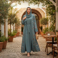 Dusty Teal floral print abaya with matching hijab — BelleNoor